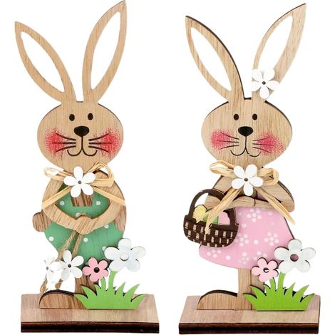 2 Décorations de Pâques, Lapin en Bois, Base Amovible, Rose et Vert, pour Table, Maison, Jardin (1/5)