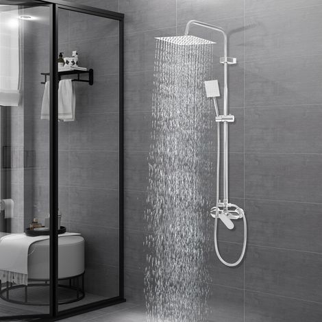 Système de douche avec robinetterie, argent, douche à effet pluie, hauteur réglable, ensemble de douche comprenant mitigeur, pomme de douche, douchette à main, barre de douche et flexible (1/5)