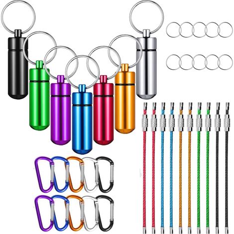 Pastilleros portátiles de aluminio de 7 piezas, organizador de pastillas impermeable + 10 mosquetones con cierre + 10 llaveros de cable metálico + 10 anillas para llaves para uso en exteriores, viajes (1/5)