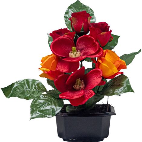 Vasque Carrée de Magnolias fleurs artificielles pour le cimetière H 25 cm Lg 25 cm Rouge - couleur: Rouge