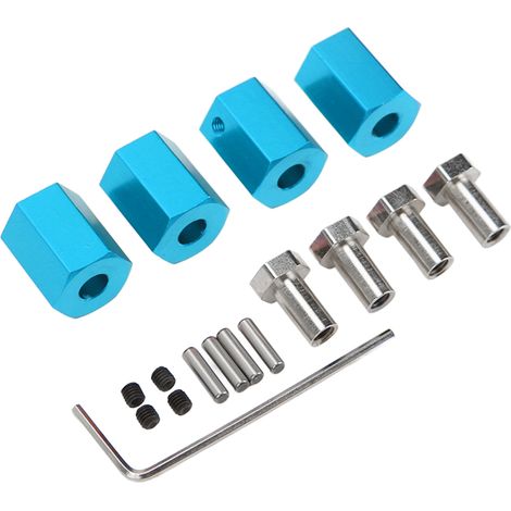 Lot de 4 moyeux hexagonaux de 12 mm, hauteur 16 mm avec axe, en aluminium, universels pour véhicules radiocommandés 1/10 et 1/12, bleus (1/5)