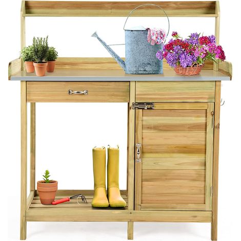 GOPLUS Table de Rampotage en Bois de Sapin, Armoire de Rangement avec Tiroir, Étagère Ouverte, 3 Crochet, Plateau Métallique, Idéal pour Extérieur Jardin, Terrasse, Outils, 112 x 46 x 125 cm, Naturel (1/5)