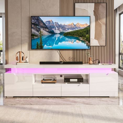 Tv-schrank mit led rgb und usb typ-c steckdose - 180x35x52cm moderner fernsehtisch lowboard fürs wohnzimmer mit 2 schubladen und 2 türen in holz weiß hochglanz (1/5)