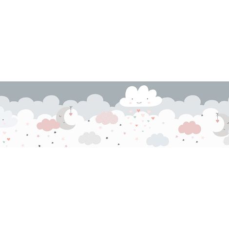Grafik Tapete Profhome 403743 selbstklebende Bordüre leicht strukturiert Kindertapete matt grau rosa weiß 0,75 m2