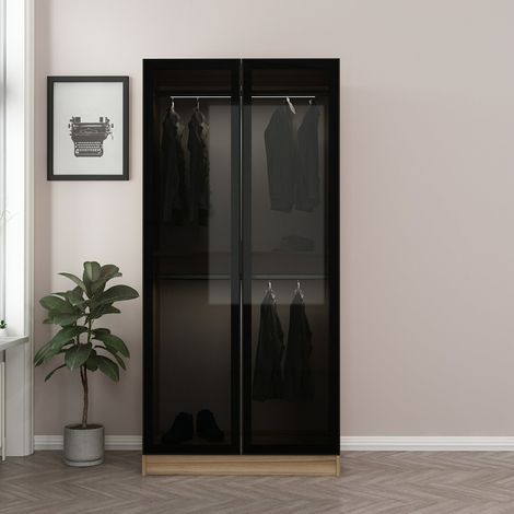 Armario con 2 puertas de cristal ahumado, nogal dorado/negro 90 x 210 cm