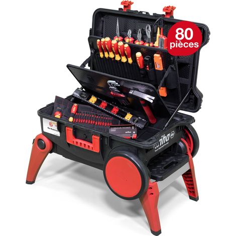 Wiha Caisse à outils Set XXL 4 electric I 80 pièces I Caisse à outils pour électriciens avec roulettes I Boîte à outils avec assortiment complet (45734)