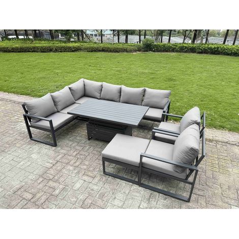 Fimous Aluminium Garden Furniture Sets,9 Seater Outdoor Conversational Dining Set with Adjustable Rising Lifting Dining Table Cushions for Yard,Poolside, Patio, Dark Grey (1/5)