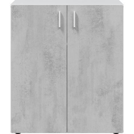 Armoire basse à 2 portes meuble de rangement blanc mat et gris ciment - Hauteur 92 x Longueur 80 cm x Profondeur 37 cm - PEGANE- (1/5)