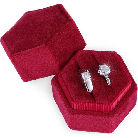 Boîte à Bagues en Velours, pour Bijoux Fentes Doubles Hexagone Boîte à Bague pour Fiançailles Cérémonie Mariage Saint Valentin Tenant 2 Bagues (Vin rouge) (1/5)