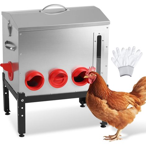 Jiubiaz Großer Geflügel Futterspender 22,6 kg / 50 lb, 8 Fressöffnungen, Metall-Hühnerfutterautomat mit Sichtfenster, Deckelverschluss, Tragegriff, 3 Höhen (1/5)