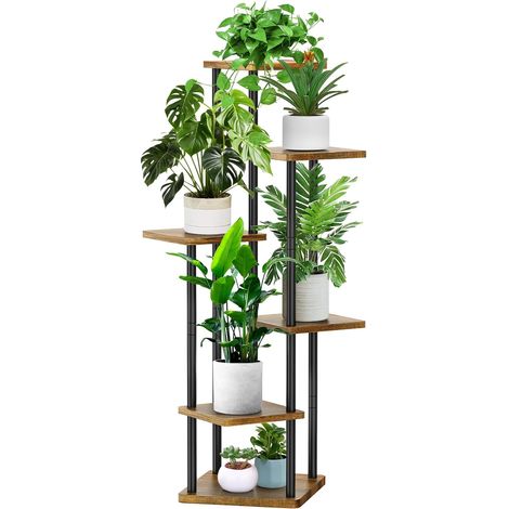 6-Tier Hölzern Blumenregal Pflanzenregal, Mehrstöckig Blumenständer Pflanzenständer Blumenbank Blumentreppe Pflanzentreppe Standregal für Innen Garten Balkon Deko(Schwarz) (1/5)