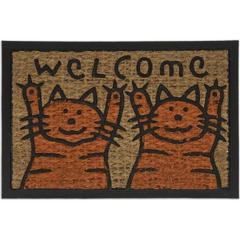 Relaxdays Fußmatte Kokos, mit Katzen & Welcome Spruch, gummiert, innen und außen, Türabtreter 60 x 40 cm, orange/natur
