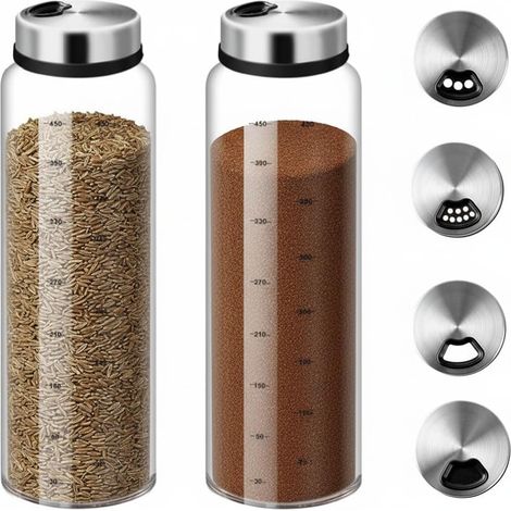 Lot de 2 grandes salières de 500 ml avec couvercle rotatif, grands pots à épices avec 4 types de trous pour épices, verre borosilicate, pots à épices pour cuisine, salle à manger, barbecue en plein (1/5)