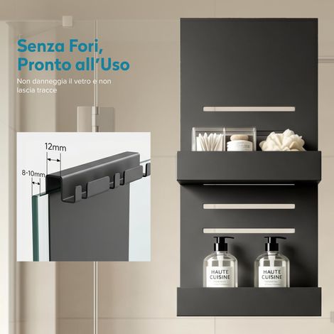 doporro Mensola Doccia da Appendere in Metallo a 2 ripiani, Mensola Regolabile, con Ganci, senza Fori, Portaoggetti da Appendere per Porta Doccia in Vetro con Spessore 8-10mm, Nero Sabbia, Oryne-01