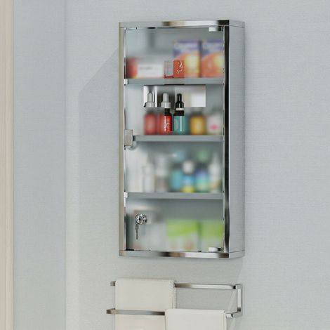 Coffret de rangement pharmacie en acier inoxydable 4 étagères, armoire murale médicaments 30x12x60cm (1/5)