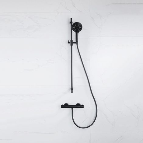 FugaFlow Eccelente Sobrado Ensemble de douche barre curseur avec douchette ronde, flexible lisse et robinet de douche Noir mat (1/4)