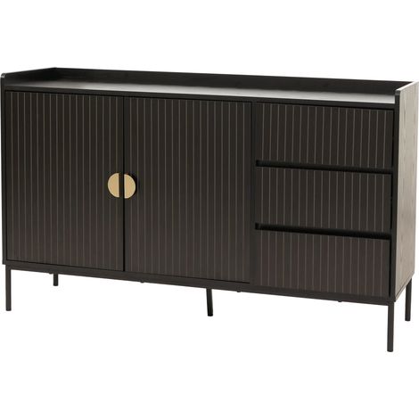 Buffet commode meuble de rangement avec 3 tiroirs et 2 portes 80 x 130 x 42 cm bois mélaminé finition noir au design à lamelles 040009422 (1/5)