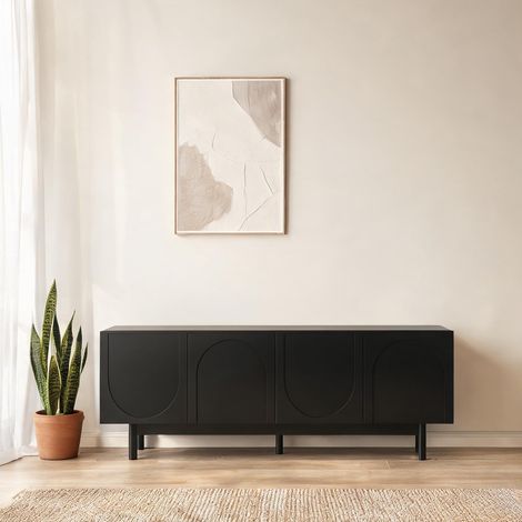 Meuble TV noir mat 175 x 38 x 56 cm avec 4 portes et étagères (1/5)