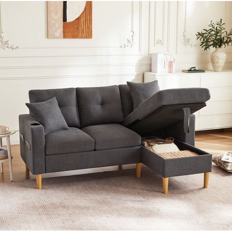 Canapé d'angle 175x129x90 cm gris foncé en coton et lin avec méridienne réversible, rangement et porte-gobelets (1/5)