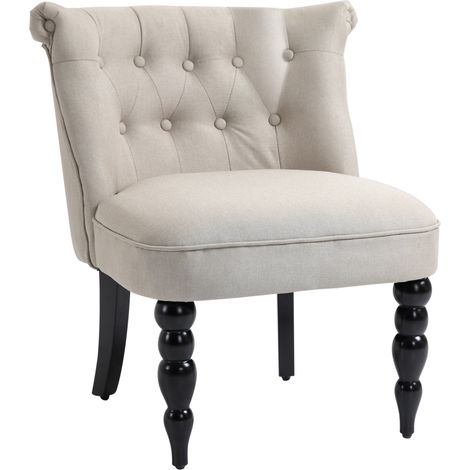 Fauteuil vintage relax en tissu beige, dossier courbé, pieds en bois d’hévéa, coussin moelleux et patins réglables, charge 150 kg, salon ou chambre  CHICFURN (1/5)