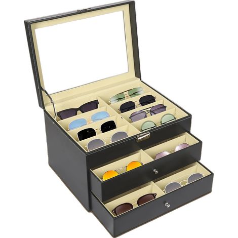 Vitrine pour 24 paires de lunettes de soleil, conception à trois niveaux, couvercle en verre transparent, matériaux durables.