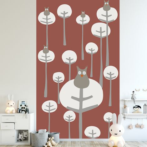 Papier peint intissé 250x150cm, Chouette dans la forêt, Marron/Blanc, Chambre enfant - Déco murale originale et unique (1/2)