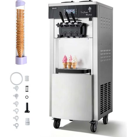 VEVOR Kommerzielle Softeismaschine 2200 W, Freistehende Eismaschine mit 20-28 L/h Produktion, mit 3 Geschmacksrichtungen & 2 Behältern (6 L), Vorkühlung & Selbstreinigung für Snack- und Dessertläden (1/5)