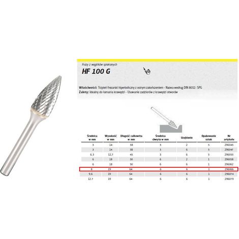 Klingspor 296066 Frese de Frese in metallo duro, HF 100 G, dente 6, diametro albero 6 mm, 8 x 19 x 64 mm