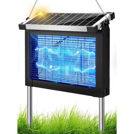 Destructeur d'Insectes Solaire, Lampe Anti Moustique Extérieur 4500V avec Batterie 4000mAh, Rechargeable USB, IPX5, Capteur Crépusculaire, Câble 3 m, pour Terrasse, Balcon, Jardin, Camping Noir Intens