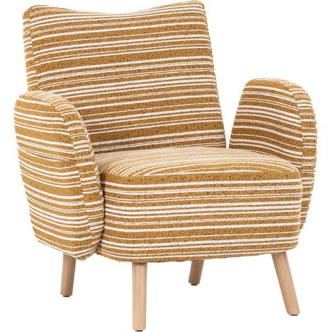 Poltrona moderna in tessuto bouclé giallo senape con tasca laterale e gambe in legno (1/5)