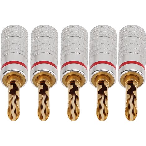 Lot de 5 fiches bananes crantées J.10054 de 4 mm, sans soudure, plaquées or 24 carats, pour câblage d'enceintes et home cinéma (rouge). (1/5)