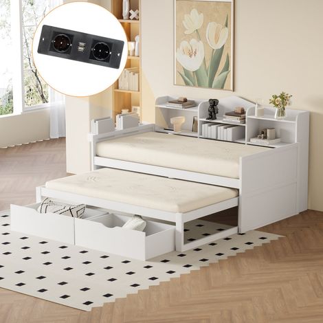 Lit banquette 90x200cm  en bois blanc avec tiroirs, grand rangement, panier latéral et port usb intégré (1/5)