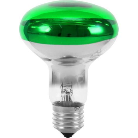 Ampoule halogène E27 réflecteur 60 W vert – Angle de diffusion 80° – Durée de vie 1000 h – Tension 230 V – Pour éclairage décoratif – (1/4)