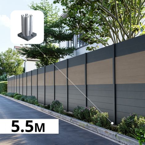 Kit Clôture Aluminium BAHIA & CRUZ Argent 5,55x1,8m - Bois Composite & Aluminium - Poteaux Gris - Brise Vue - Palissade