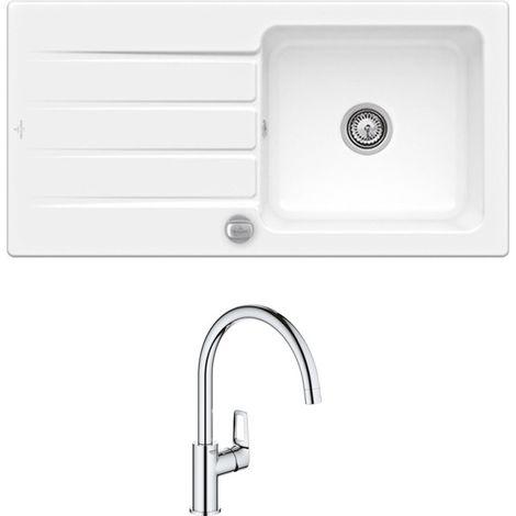 Evier 1 bac 100 x 51 cm VILLEROY ET BOCH Architectura 60 Blanc + Robinet cuisine GROHE Bauloop
