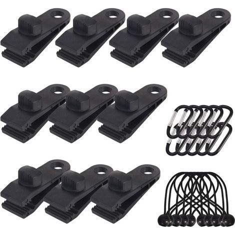 Lot de 10 Clips de bâche support de bâche pour extérieur avec Attache en Toile et Cordon élastique + Mousqueton en Forme de D pour bâches, auvents, Camping, Caravane, couvertures de Voiture (1/4)