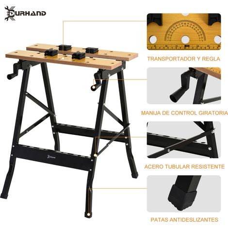 Établi pliant portable avec 4 trous pour serre-joints et scie, pour la menuiserie à domicile. Structure en fer et MDF, supporte jusqu'à 70 kg, dimensions : 56 x 62 x 75 cm, noir naturel. (1/5)