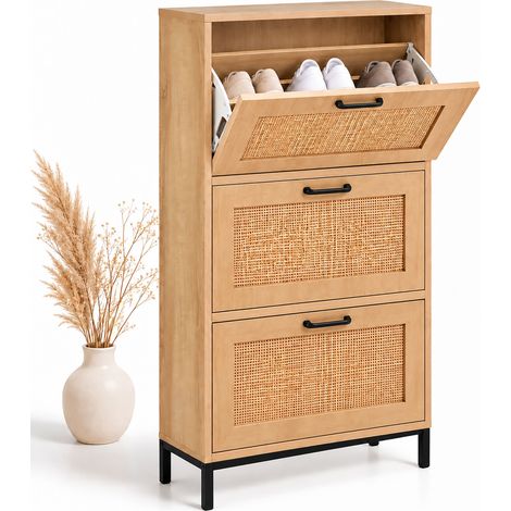 Relaxdays Shoe Cabinet, HWD: 122 x 60 x 24 cm, slim tilt-out shoe cabinet, rattan, shoe dresser, natural/black (1/5)