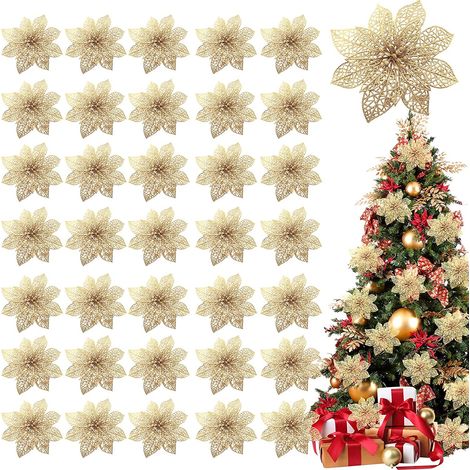Juego de 36 adornos navideños, flor de Pascua brillante de 10 cm, flor artificial de seda, para coronas, guirnaldas y árboles de Navidad. (1/5)
