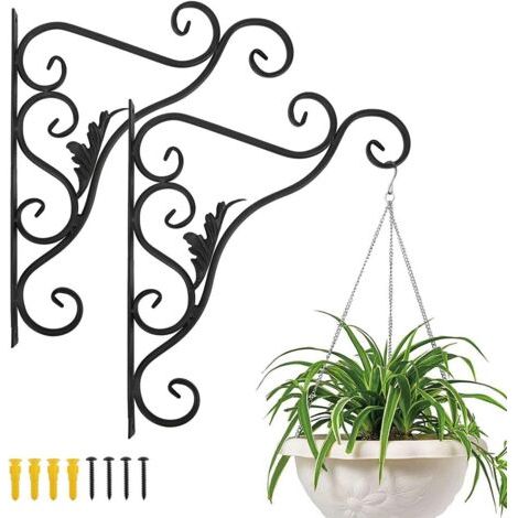 Support Plante Mural Balcon, Lot de 2 Rétro Européen Forme de Feuille, Crochet de Suspension en Fer Forgé, pour Lanternes à Paniers avec Vis, Décor Extérieur pour Balcon de Jardin - Noir Peint (1/4)