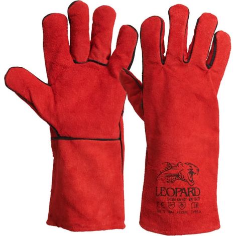 Gants Anti Chaleur Taille10 Rouge - Gants en Cuir Croute de Bovin Manchette 15cm Protection thermique pour soudure, métallurgie (1/4)