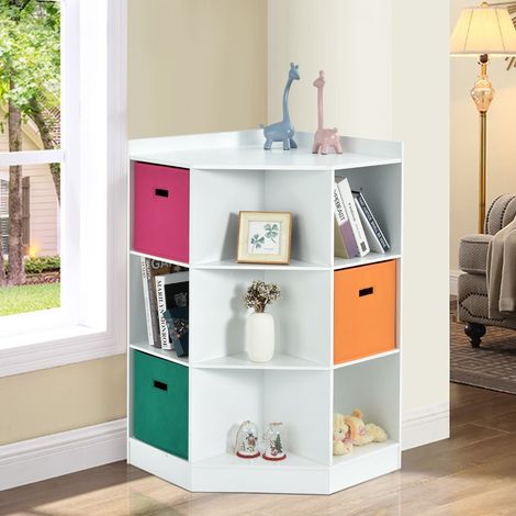 Meuble de Rangement d'Angle avec 9 Niches Bibliothèque d'Angle Enfant avec Étagère Supérieure 3 Tiroirs non Tissé Blanc (1/3)