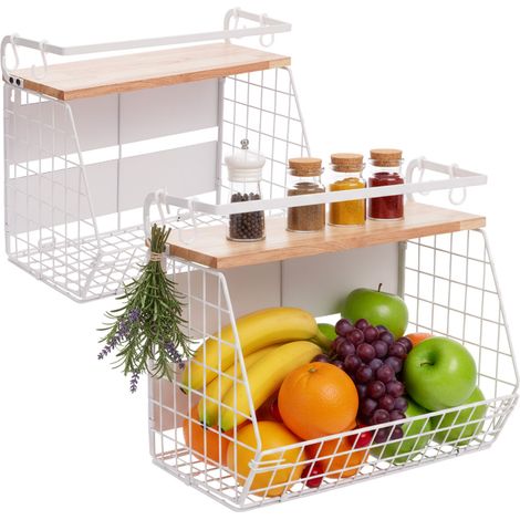 Relaxdays Frutero magnético de pared, set de 2, madera/metal, 30x35,5x21 cm, blanco/natural (1/5)