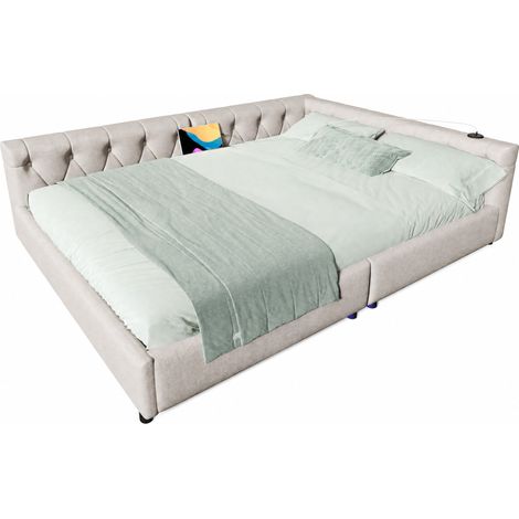 Canapé-lit 140x200 cm avec sommier à lattes, LED 7 couleurs, USB et USB-C, tête de lit capitonnée, beige, sans matelas – CHICFURN (1/5)