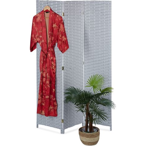 Relaxdays Paravent à 3 volets, brise-vue pliable, plastique et bois, H x L : 170 x 120 cm, pour intérieur, gris & blanc