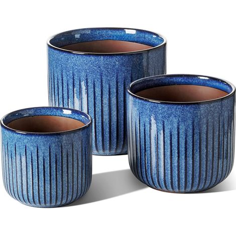3er Set Blumentöpfe Keramik Ozeanblau mit Drainageloch, 14-21 cm (1/5)
