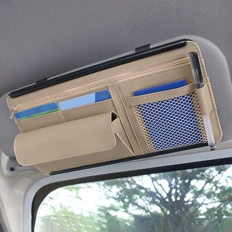 Soporte para gafas de coche，Organizador para parasol，bolsa de almacenamiento de cuero para tarjetas，bolígrafos y gafas (beige) (1/5)