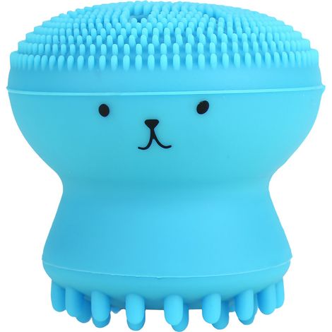 Brosse nettoyante visage exfoliant, démaquillant massage méduse pieuvre bleu, outil lavage doux. (1/5)