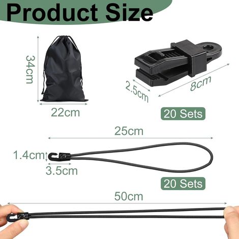 LALAGO 20pcs Élastique de Tension avec Crochet + Clips de Bâche, Extenseur avec Crochet 25cm, Tendeur de Bâche avec Clips de Tarp Noir pour Élastiques de Tente, Bâches, Filets, Bannières, Camping (1/4)