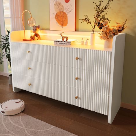 Credenza, cassettiera con illuminazione a LED e 6 cassetti, design con scanalature ondulate, mobile moderno per soggiorno e camera da letto, 120x40x75 cm, bianco
